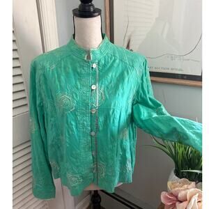 MIRASOL Jacket Womens XL Mint Green Embroidered Bohemian Mandarin Collar Artsy